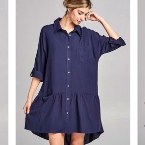 Button down blue 3/4 sleeves flare shirt dress